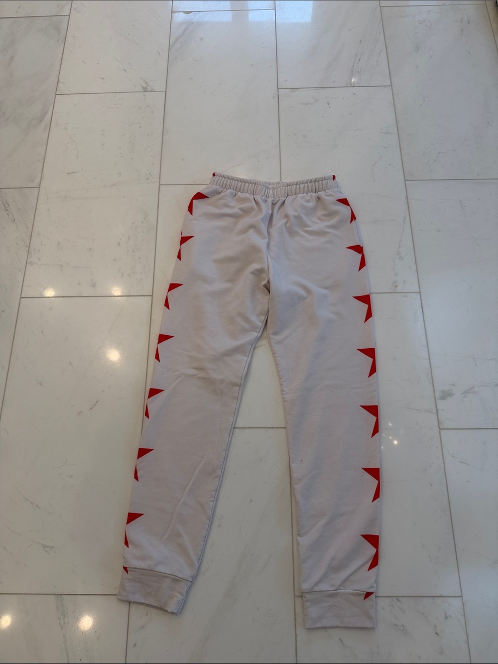 White Jogger Sweatpants with Red Star Trim. Size M. Pockets & inside drawstring